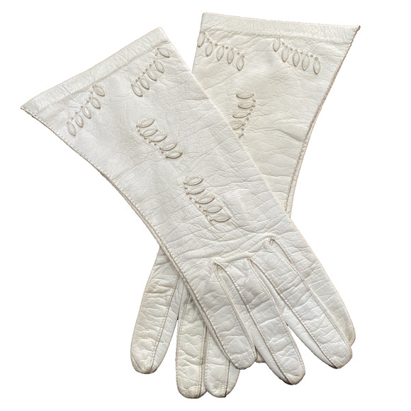 Vintage 1940’s White Kid Leather Gloves Aris Germany Size 6.5 Appliqué Wedding - Picture 5 of 8